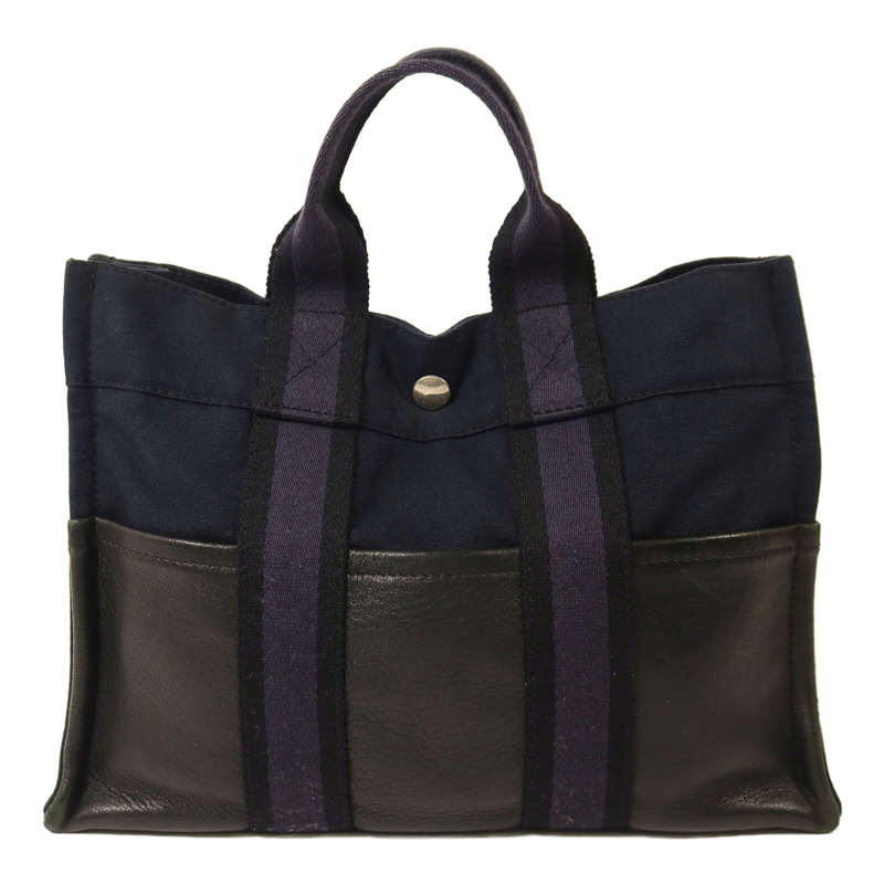 HERMES 帆布/牛皮皮革Fourre Tout PM銀扣手挽袋Noir-0