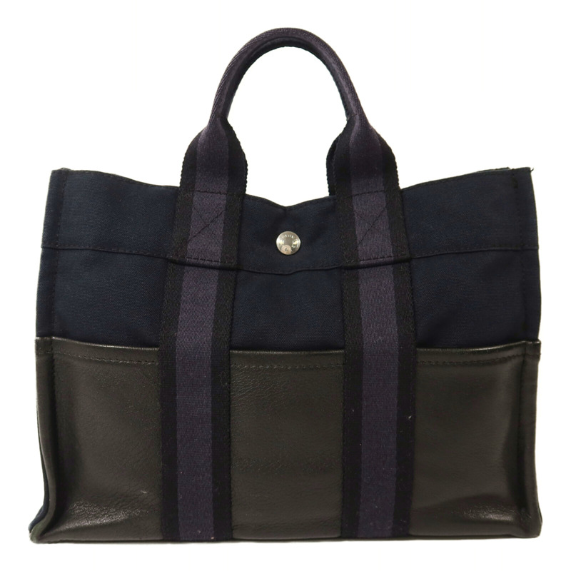 HERMES 帆布/牛皮皮革Fourre Tout PM銀扣手挽袋Noir-1