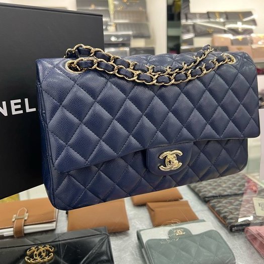 東區正精品㊣CHANEL A01112 COCO 25cm 香奈兒深藍色荔枝牛皮菱格紋金鍊雙蓋肩背包 RZ3762-1