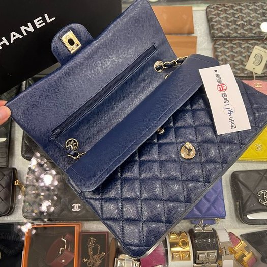 東區正精品㊣CHANEL A01112 COCO 25cm 香奈兒深藍色荔枝牛皮菱格紋金鍊雙蓋肩背包 RZ3762-3