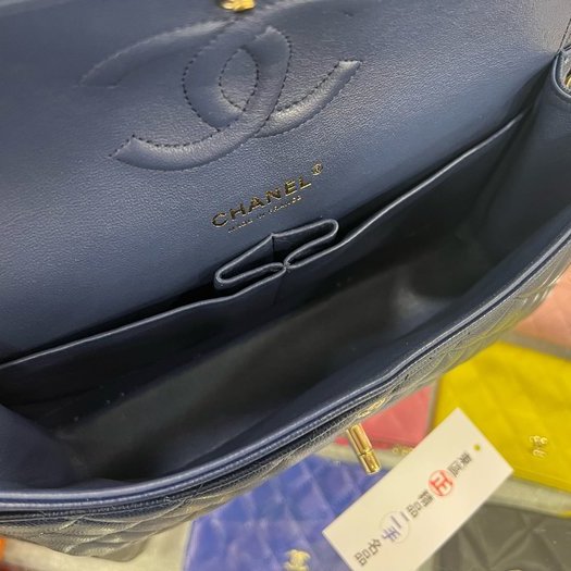 東區正精品㊣CHANEL A01112 COCO 25cm 香奈兒深藍色荔枝牛皮菱格紋金鍊雙蓋肩背包 RZ3762-4