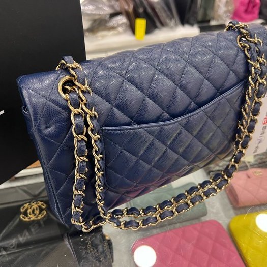 東區正精品㊣CHANEL A01112 COCO 25cm 香奈兒深藍色荔枝牛皮菱格紋金鍊雙蓋肩背包 RZ3762-8
