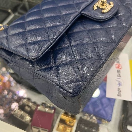 東區正精品㊣CHANEL A01112 COCO 25cm 香奈兒深藍色荔枝牛皮菱格紋金鍊雙蓋肩背包 RZ3762-10
