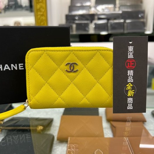 東區正精品㊣CHANEL AP0216 全新香奈兒黃色荔枝牛皮金釦ㄇ字拉鍊後口袋卡片夾零錢包 RZ3695-1