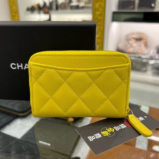 東區正精品㊣CHANEL AP0216 全新香奈兒黃色荔枝牛皮金釦ㄇ字拉鍊後口袋卡片夾零錢包 RZ3695-5