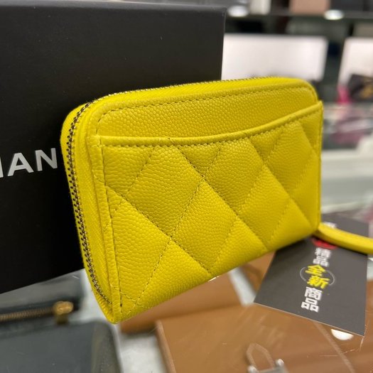 東區正精品㊣CHANEL AP0216 全新香奈兒黃色荔枝牛皮金釦ㄇ字拉鍊後口袋卡片夾零錢包 RZ3695-6