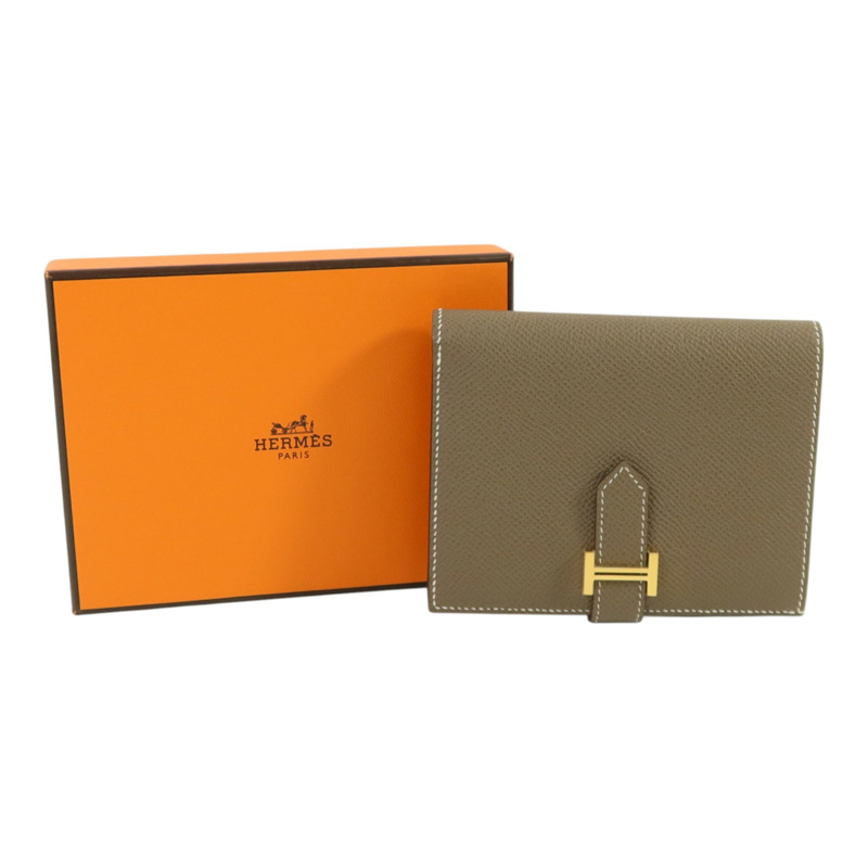 HERMES 【Hermes Fair】Epsom皮革Bearn Compact Wallet金扣錢包Etoupe-14