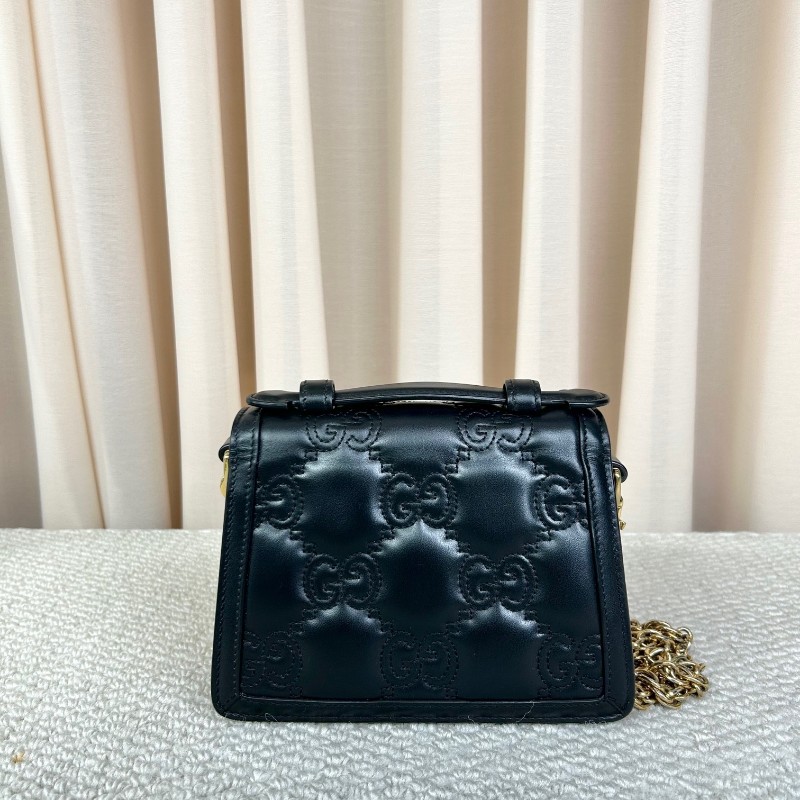 Gucci古馳黑金全皮郵差包 經典GG壓紋 金色鎖扣 鏈條肩帶 可單肩可斜挎可手提 容量實用 日常通勤百搭-1