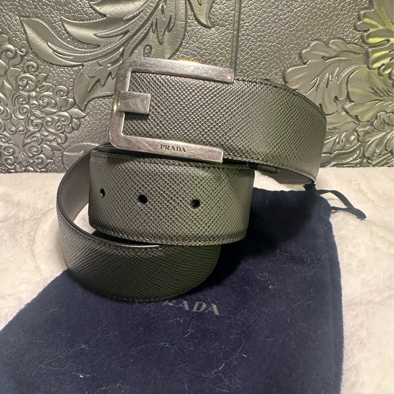 普拉達 Prada 經典的 Saffiano 荔枝紋(十字紋)皮革 灰色 男裝皮帶-2