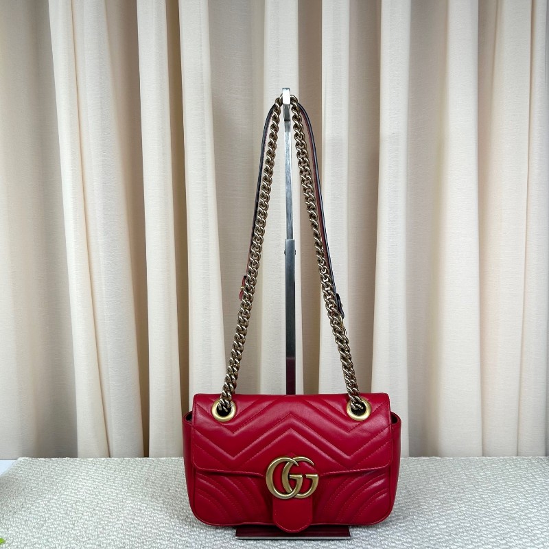 GUCCI古馳Marmont馬蒙22紅色鏈條包 包型挺括 鏈條設計 單肩斜挎都可以 日常百搭 顏值高 背很顯氣質-0
