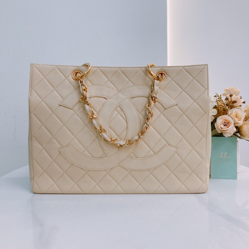 MS0611 Chanel 香奈兒 中古 大CC LOGO 中號 魚子醬牛皮 荔枝紋 米色 淡黃色 金扣 鏈條手提包 Vintage Medium Tote Bag Caviar Light Yellow x GHW-0