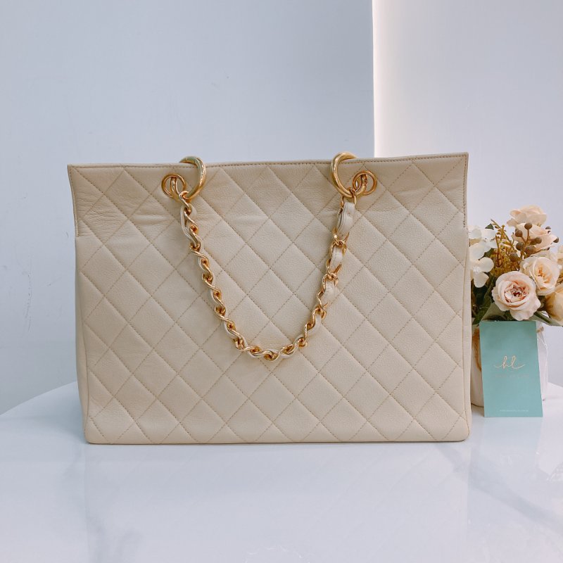 MS0611 Chanel 香奈兒 中古 大CC LOGO 中號 魚子醬牛皮 荔枝紋 米色 淡黃色 金扣 鏈條手提包 Vintage Medium Tote Bag Caviar Light Yellow x GHW-1
