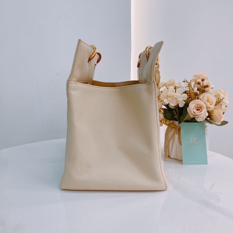 MS0611 Chanel 香奈兒 中古 大CC LOGO 中號 魚子醬牛皮 荔枝紋 米色 淡黃色 金扣 鏈條手提包 Vintage Medium Tote Bag Caviar Light Yellow x GHW-2