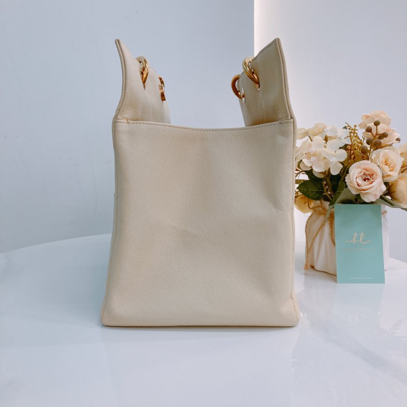 MS0611 Chanel 香奈兒 中古 大CC LOGO 中號 魚子醬牛皮 荔枝紋 米色 淡黃色 金扣 鏈條手提包 Vintage Medium Tote Bag Caviar Light Yellow x GHW-3