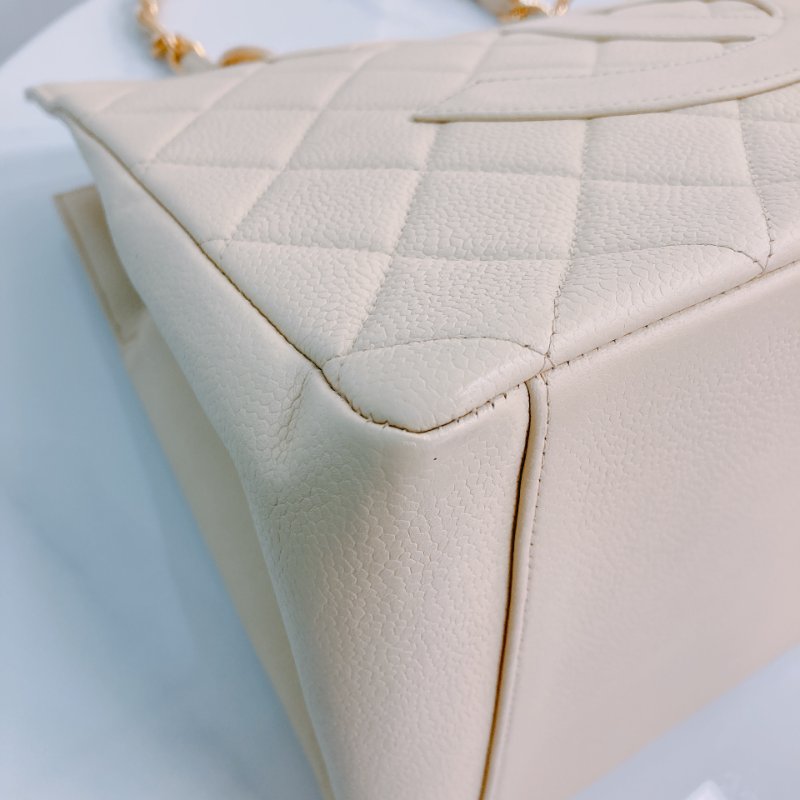 MS0611 Chanel 香奈兒 中古 大CC LOGO 中號 魚子醬牛皮 荔枝紋 米色 淡黃色 金扣 鏈條手提包 Vintage Medium Tote Bag Caviar Light Yellow x GHW-5