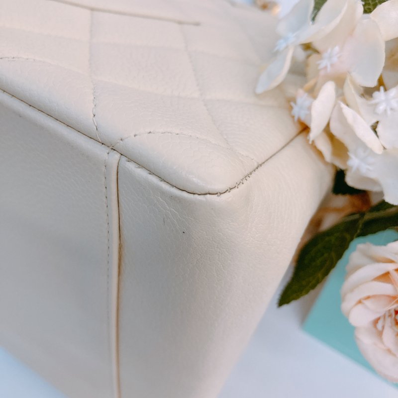 MS0611 Chanel 香奈兒 中古 大CC LOGO 中號 魚子醬牛皮 荔枝紋 米色 淡黃色 金扣 鏈條手提包 Vintage Medium Tote Bag Caviar Light Yellow x GHW-6