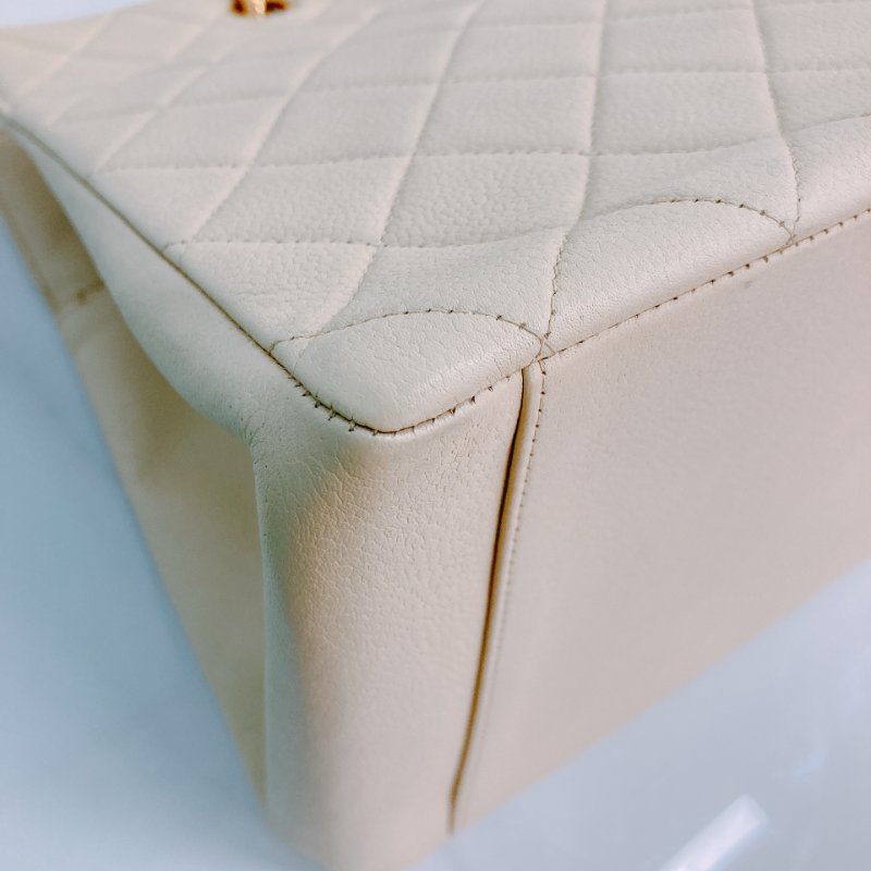 MS0611 Chanel 香奈兒 中古 大CC LOGO 中號 魚子醬牛皮 荔枝紋 米色 淡黃色 金扣 鏈條手提包 Vintage Medium Tote Bag Caviar Light Yellow x GHW-7