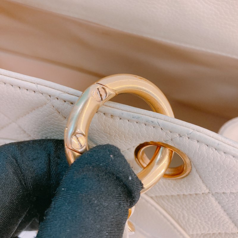 MS0611 Chanel 香奈兒 中古 大CC LOGO 中號 魚子醬牛皮 荔枝紋 米色 淡黃色 金扣 鏈條手提包 Vintage Medium Tote Bag Caviar Light Yellow x GHW-13