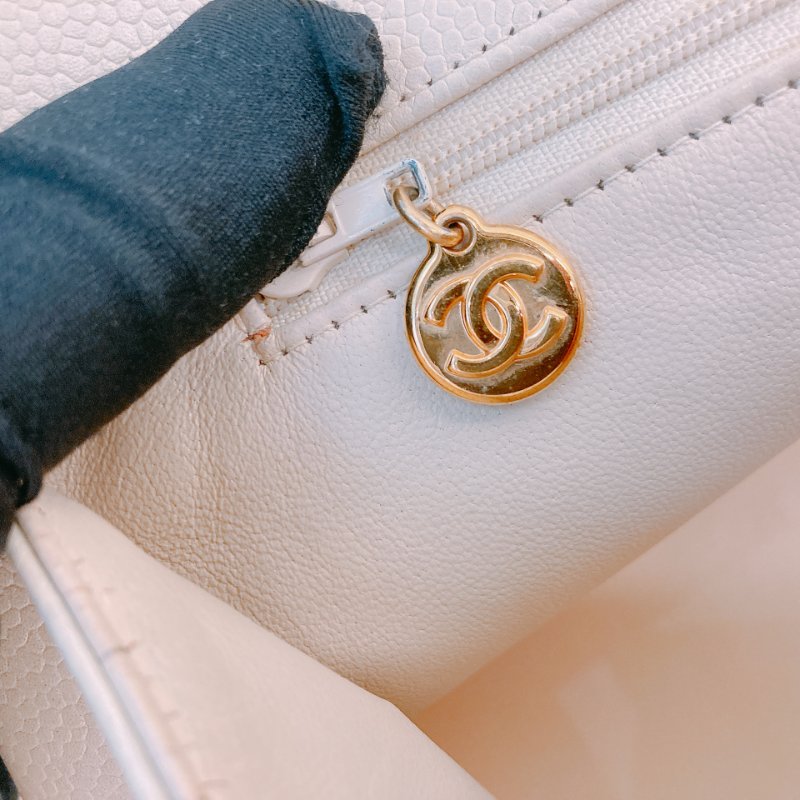 MS0611 Chanel 香奈兒 中古 大CC LOGO 中號 魚子醬牛皮 荔枝紋 米色 淡黃色 金扣 鏈條手提包 Vintage Medium Tote Bag Caviar Light Yellow x GHW-15