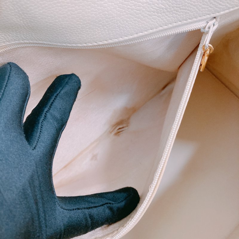 MS0611 Chanel 香奈兒 中古 大CC LOGO 中號 魚子醬牛皮 荔枝紋 米色 淡黃色 金扣 鏈條手提包 Vintage Medium Tote Bag Caviar Light Yellow x GHW-18