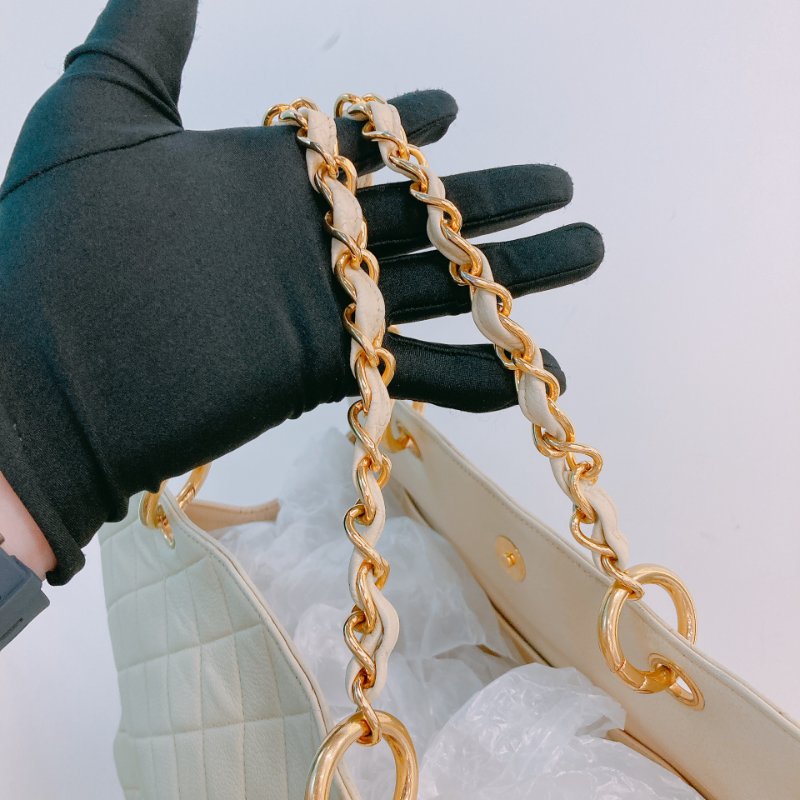 MS0611 Chanel 香奈兒 中古 大CC LOGO 中號 魚子醬牛皮 荔枝紋 米色 淡黃色 金扣 鏈條手提包 Vintage Medium Tote Bag Caviar Light Yellow x GHW-19