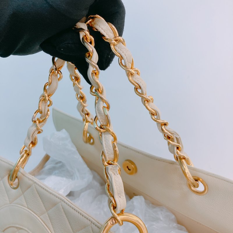 MS0611 Chanel 香奈兒 中古 大CC LOGO 中號 魚子醬牛皮 荔枝紋 米色 淡黃色 金扣 鏈條手提包 Vintage Medium Tote Bag Caviar Light Yellow x GHW-20