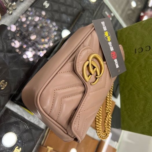 東區正精品㊣GUCCI Marmont Supermini 476433 全新迷你裸色V紋牛皮金鍊前釦式斜背包手拿包 RZ3697-8