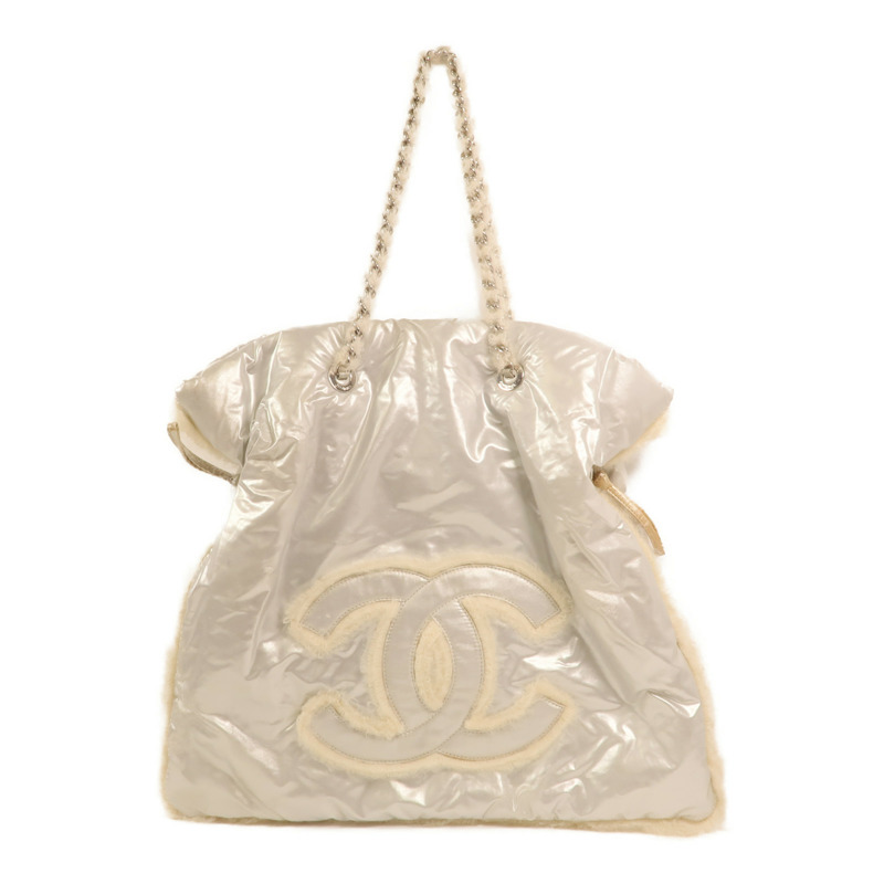 CHANEL PVC/羊毛Vinyl Mohair CC Bonbons Tote銀扣鏈帶肩背袋-0