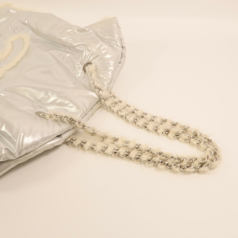 CHANEL PVC/羊毛Vinyl Mohair CC Bonbons Tote銀扣鏈帶肩背袋-7