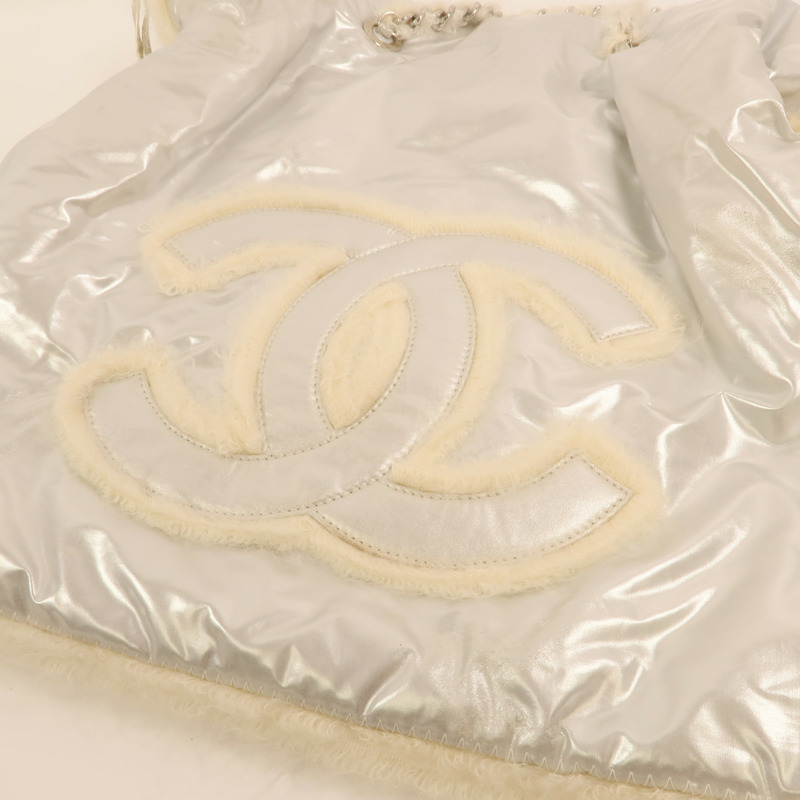 CHANEL PVC/羊毛Vinyl Mohair CC Bonbons Tote銀扣鏈帶肩背袋-8
