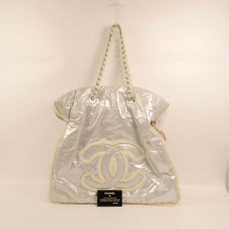 CHANEL PVC/羊毛Vinyl Mohair CC Bonbons Tote銀扣鏈帶肩背袋-10