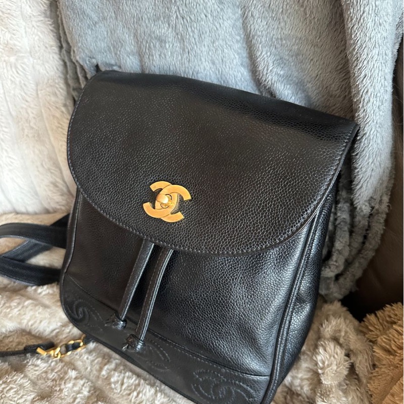 香奈兒 黑色魚子醬皮肩背包 雙肩包 後背包 黑色皮革 魚子醬 香奈兒 黑色牛皮 中古包 二手包 古董包 Vintage chanel black caviar backpack-10