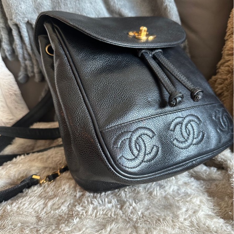香奈兒 黑色魚子醬皮肩背包 雙肩包 後背包 黑色皮革 魚子醬 香奈兒 黑色牛皮 中古包 二手包 古董包 Vintage chanel black caviar backpack-11