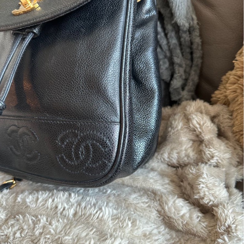 香奈兒 黑色魚子醬皮肩背包 雙肩包 後背包 黑色皮革 魚子醬 香奈兒 黑色牛皮 中古包 二手包 古董包 Vintage chanel black caviar backpack-12