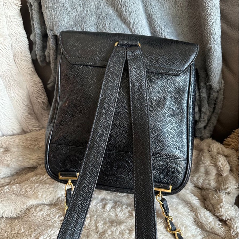 香奈兒 黑色魚子醬皮肩背包 雙肩包 後背包 黑色皮革 魚子醬 香奈兒 黑色牛皮 中古包 二手包 古董包 Vintage chanel black caviar backpack-13