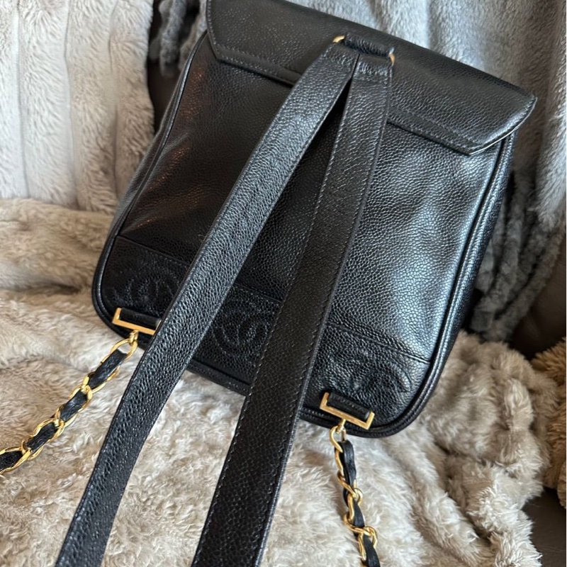 香奈兒 黑色魚子醬皮肩背包 雙肩包 後背包 黑色皮革 魚子醬 香奈兒 黑色牛皮 中古包 二手包 古董包 Vintage chanel black caviar backpack-15