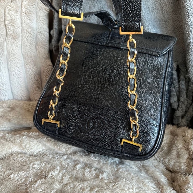 香奈兒 黑色魚子醬皮肩背包 雙肩包 後背包 黑色皮革 魚子醬 香奈兒 黑色牛皮 中古包 二手包 古董包 Vintage chanel black caviar backpack-16