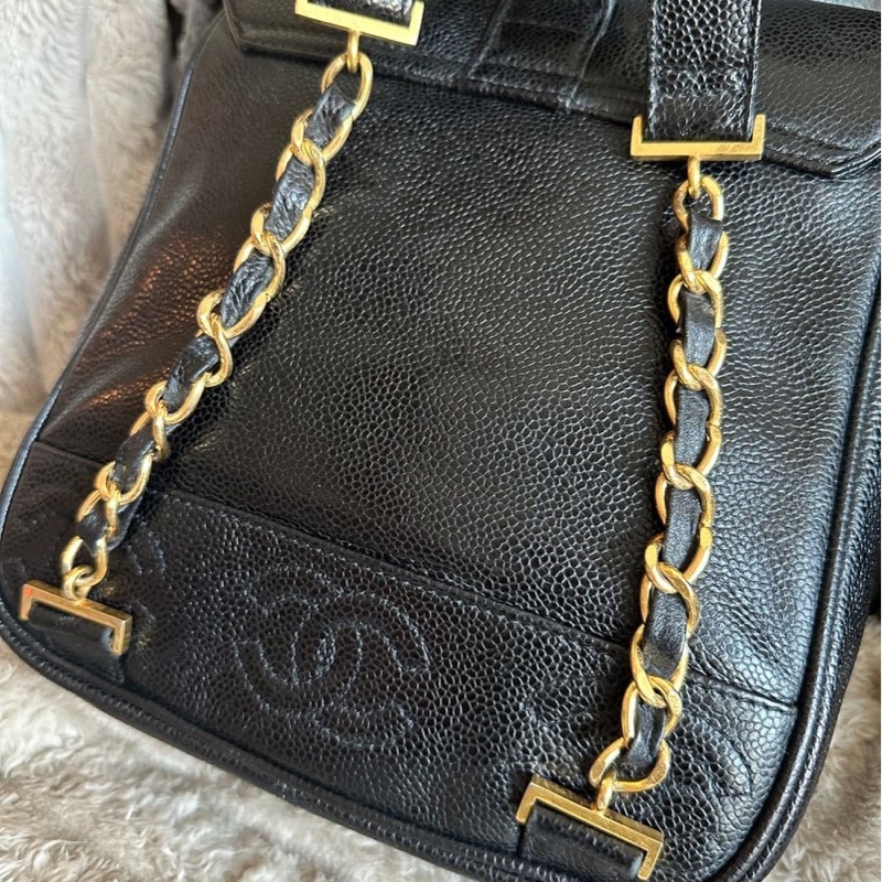 香奈兒 黑色魚子醬皮肩背包 雙肩包 後背包 黑色皮革 魚子醬 香奈兒 黑色牛皮 中古包 二手包 古董包 Vintage chanel black caviar backpack-17