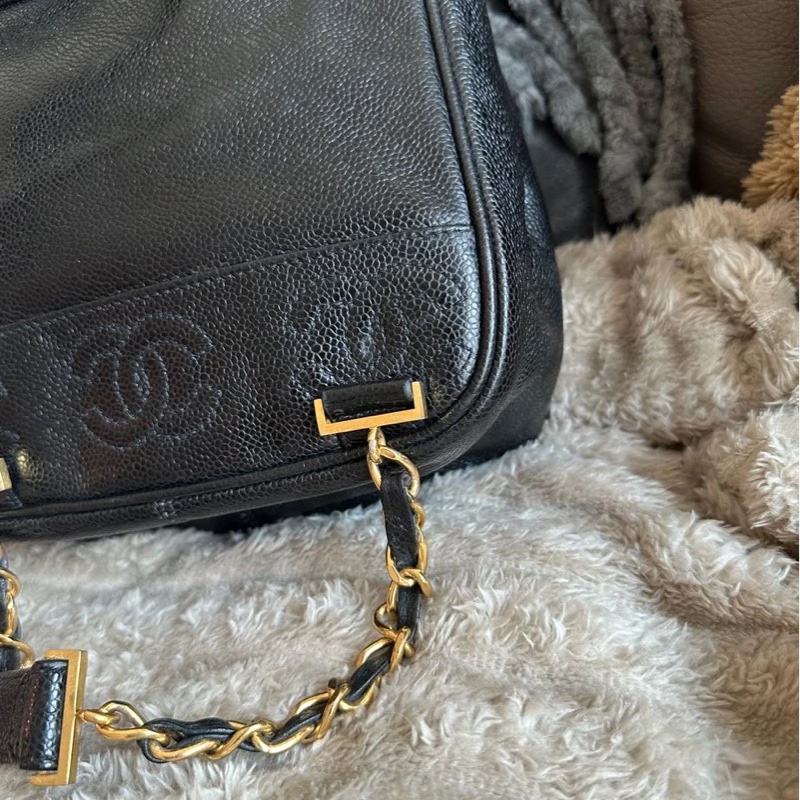 香奈兒 黑色魚子醬皮肩背包 雙肩包 後背包 黑色皮革 魚子醬 香奈兒 黑色牛皮 中古包 二手包 古董包 Vintage chanel black caviar backpack-18