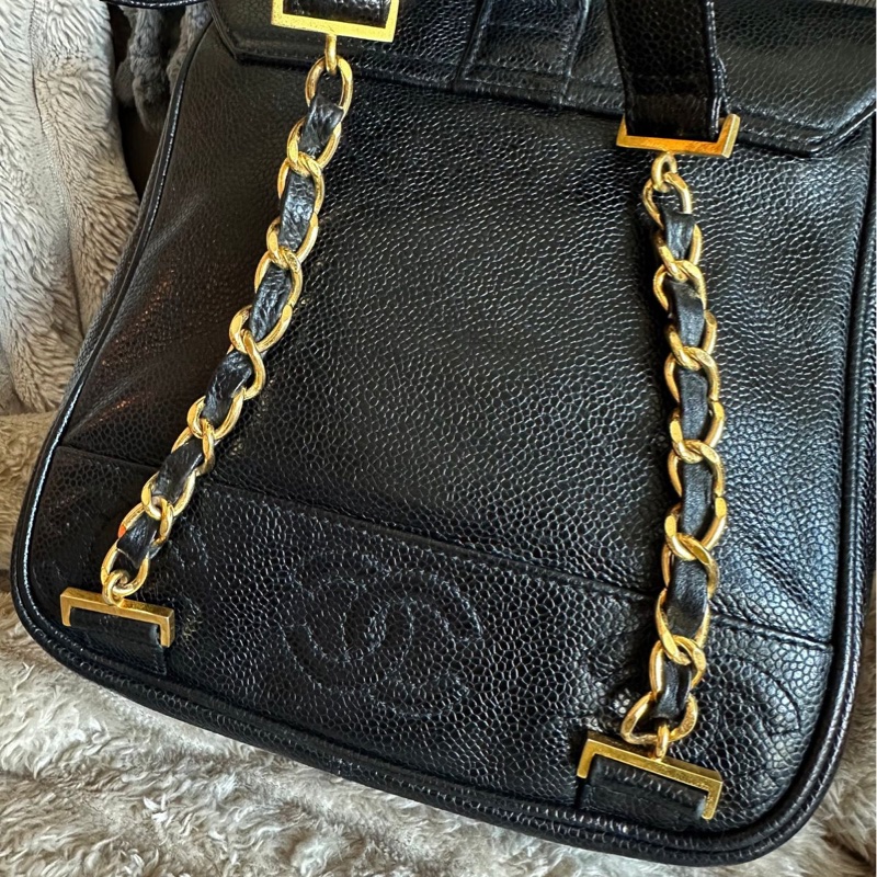 香奈兒 黑色魚子醬皮肩背包 雙肩包 後背包 黑色皮革 魚子醬 香奈兒 黑色牛皮 中古包 二手包 古董包 Vintage chanel black caviar backpack-22