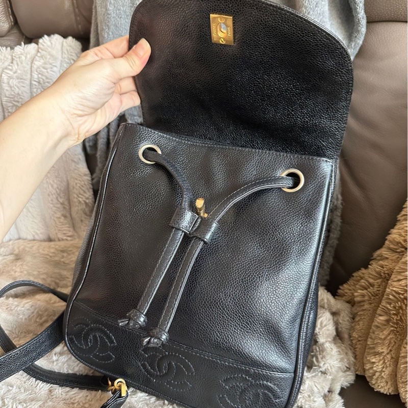 香奈兒 黑色魚子醬皮肩背包 雙肩包 後背包 黑色皮革 魚子醬 香奈兒 黑色牛皮 中古包 二手包 古董包 Vintage chanel black caviar backpack-24