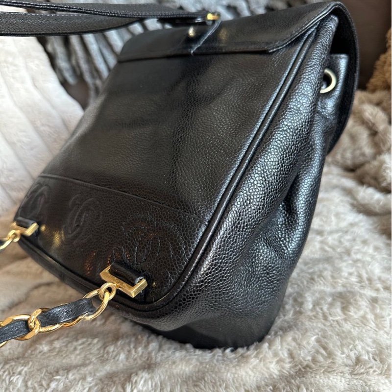 香奈兒 黑色魚子醬皮肩背包 雙肩包 後背包 黑色皮革 魚子醬 香奈兒 黑色牛皮 中古包 二手包 古董包 Vintage chanel black caviar backpack-25