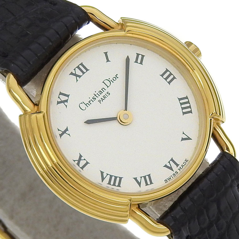 Christian Dior 手錶,型號 58.121.2,鍍金皮錶帶,金色石英機芯,模擬指針,白色錶盤,女士款。-2