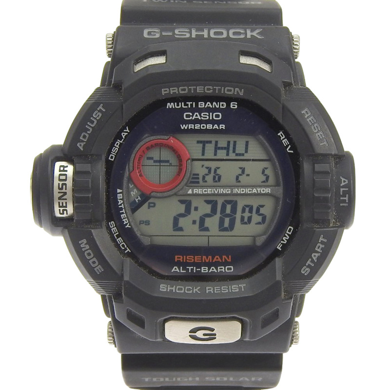 卡西歐 G-SHOCK Riseman 手錶,20 ATM 防水,GW-9200J-1JF,樹脂,黑色,太陽能動力,電波校時,模擬,黑色錶盤,男士。-0