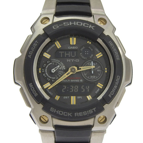 卡西歐 G-SHOCK MT-G TOUGH MVT MULTIBAND6 MTG-1500-9AJF 手錶，不銹鋼 x 樹脂，銀/黑色，太陽能，電波校時，指針/數字雙顯，黑色錶盤，MT-G，男士