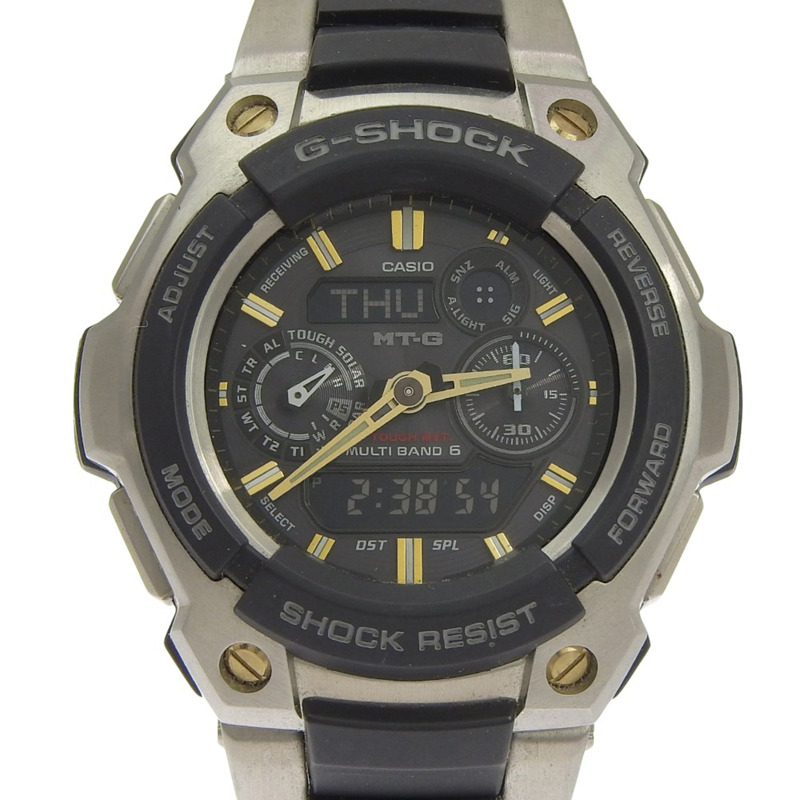 卡西歐 G-SHOCK MT-G TOUGH MVT MULTIBAND6 MTG-1500-9AJF 手錶,不銹鋼 x 樹脂,銀/黑色,太陽能,電波校時,指針/數字雙顯,黑色錶盤,MT-G,男士-0
