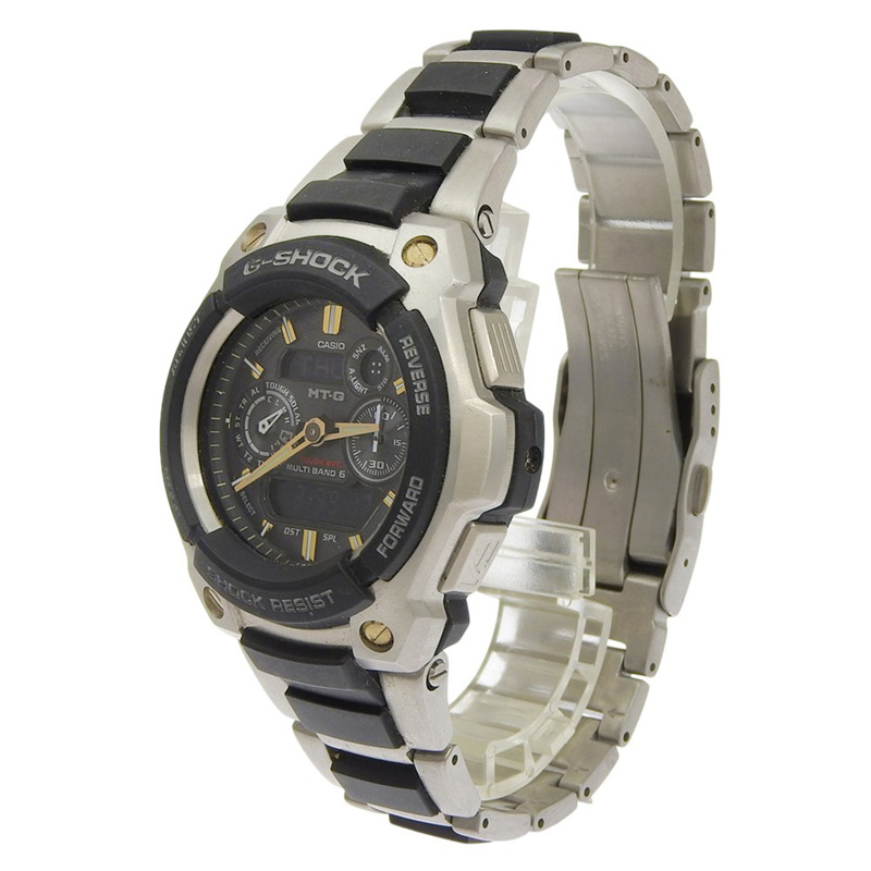 卡西歐 G-SHOCK MT-G TOUGH MVT MULTIBAND6 MTG-1500-9AJF 手錶,不銹鋼 x 樹脂,銀/黑色,太陽能,電波校時,指針/數字雙顯,黑色錶盤,MT-G,男士-1