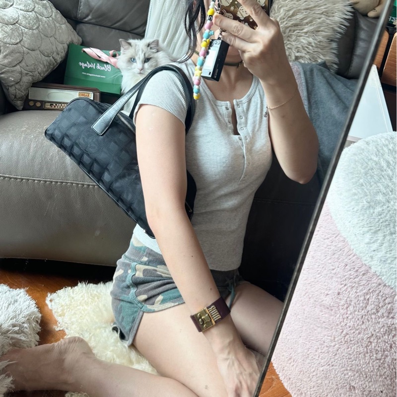 香奈兒 肩背包 腋下包 手提包 黑色 包 黑色尼龍 帆布 波士頓 旅遊系列 手提包 中古包包 chanel travel line boston bag-22