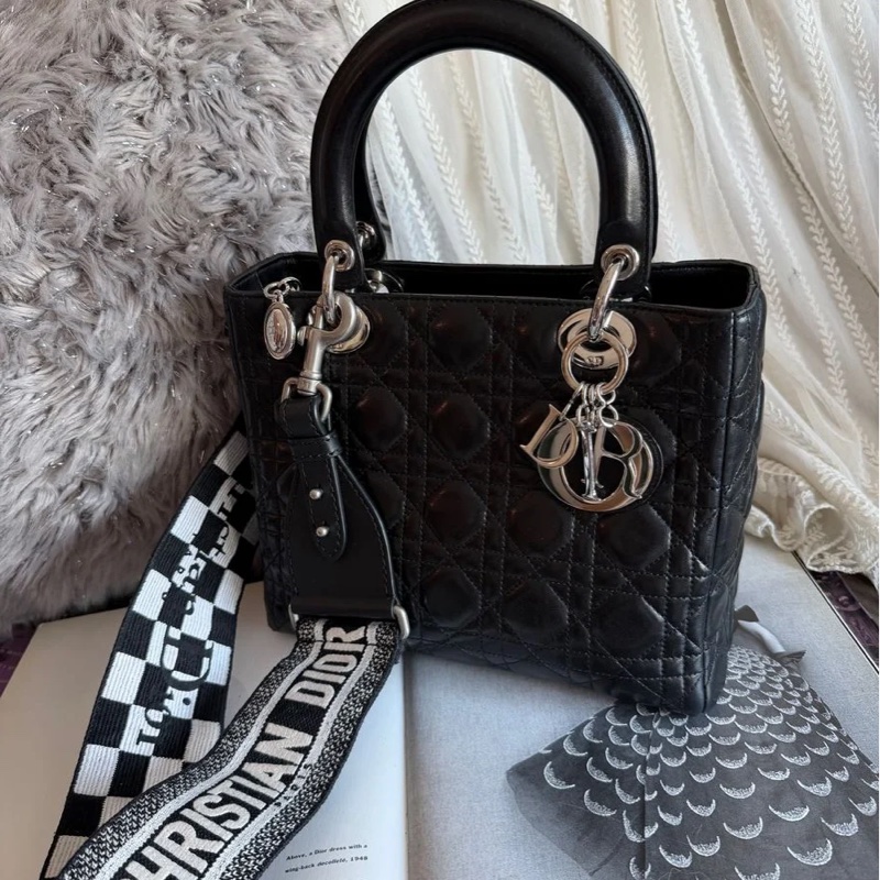 迪奧包 戴妃包 黑色 手提包 肩背包 側背包 連dior後買肩帶Lady Dior 黑皮包 lady dior bag black-0