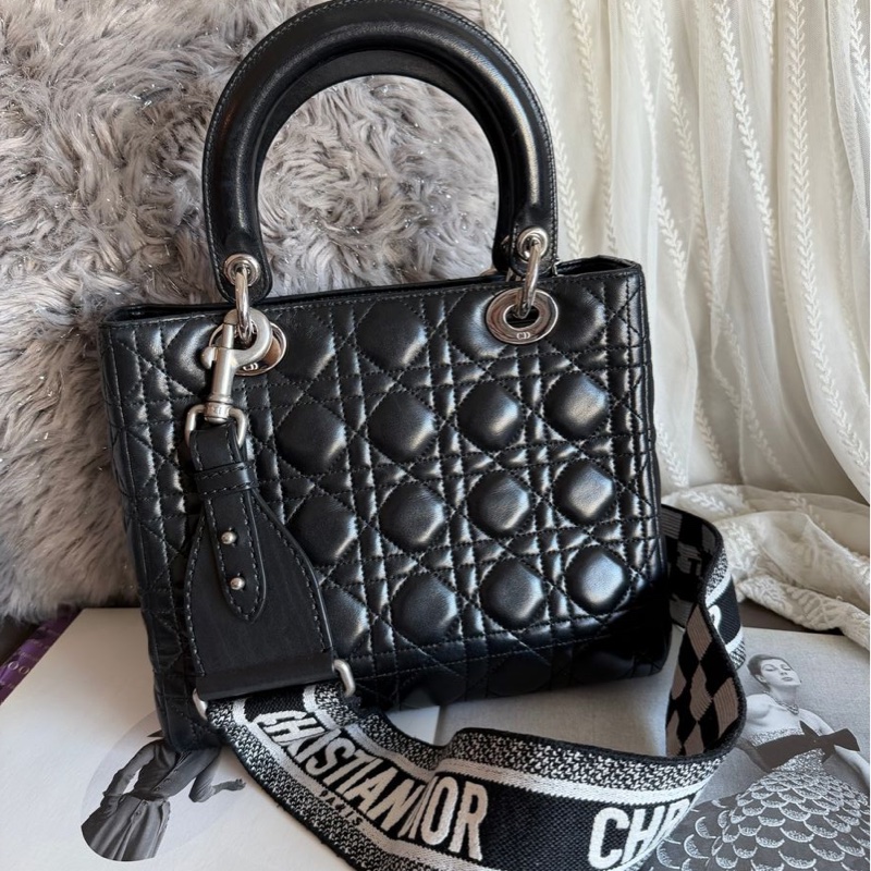 迪奧包 戴妃包 黑色 手提包 肩背包 側背包 連dior後買肩帶Lady Dior 黑皮包 lady dior bag black-2